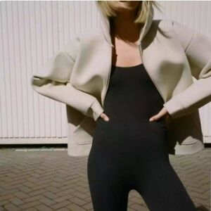 ZARA SOFT NEOPRENE Effect Bomber Jacket Hooded pockets lightweight thick Fleece